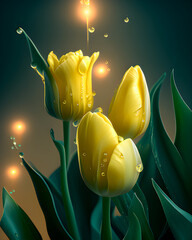 Żółte tulipany w kroplach wody. Generative AI