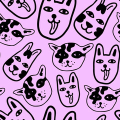 linear black and white pattern with animals in vector.pattern with cats in doodle style for design.isolated pattern.Collection of patterns with cats.