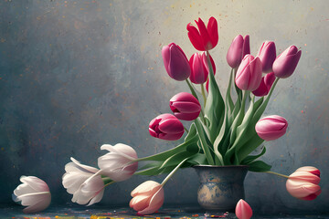 Wiosenne kolorowe kwiaty tulipany. Generative AI
