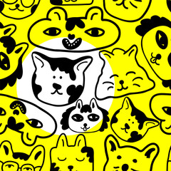Fototapeta na wymiar linear black and white pattern with animals in vector.pattern with cats in doodle style for design.isolated pattern.Collection of patterns with cats.