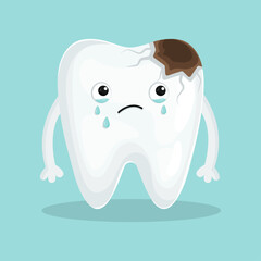 Crying tooth character with caries and pain. Vector kawaii cartoon style personage. Good for website, web design,  as a tooth icon. Stomatology, dental concept