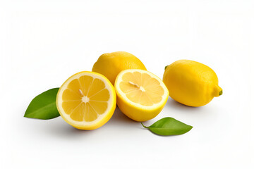 Creative fruits composition. Beautiful whole sliced half yellow lemons isolated on white background. flat lay top side view

