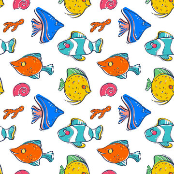 Seamless pattern with cute sea creatures. Colorful fish, shells and corals. Lovely inhabitants of the underwater world. Vector illustration in doodle style.