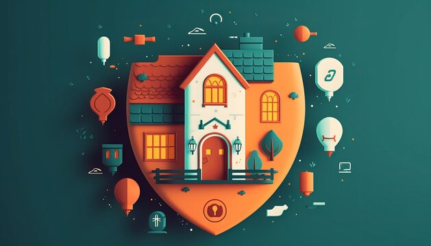 Home insurance protection shield with safety network connecting icons