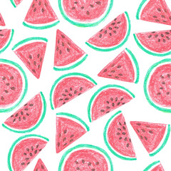 Hand drawn pastel chalk seamless pattern with lots of ripe mature appetizing pink red watermelon pieces as summer food illustrated background.