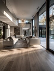 Fototapeta na wymiar Modern living room with glass walls and wooden floors. Generative AI