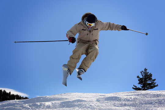 Skier jumping at Lake Tahoe, California resort