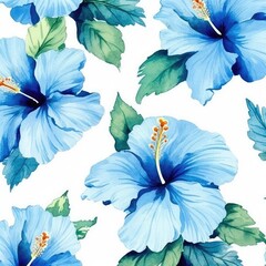 Watercolor blue hibiscus on a white background. Floral pattern. Background with tropical flowers for hibiscus drink packaging. Generative ai