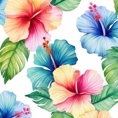 Watercolor blue and red hibiscus on a white background. Floral pattern. Background with tropical flowers for hibiscus drink packaging. Generative ai