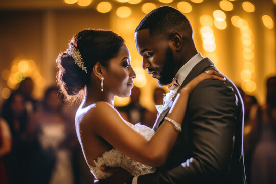 First wedding dance of african american newlywed couple. Generative AI.