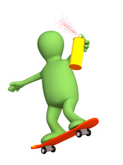 3d puppet, going for a drive on a skateboard. Objects over white