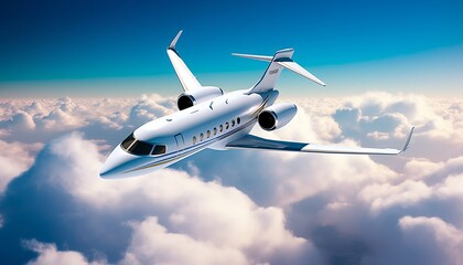 Fototapeta na wymiar White Luxury generic design private jet flying with white clouds at background