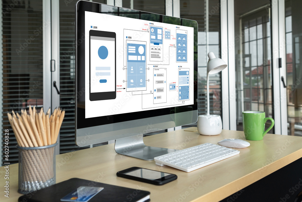 Wall mural ux ui design process for modish mobile application and website . creative prototype of wireframe for