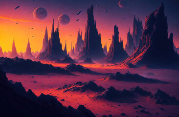 Landscape of an alien planet, beautiful view of a fictional sci-fi background. Generative AI.