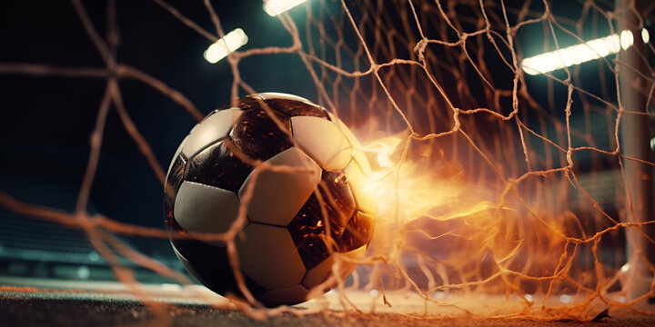 fireball breaks through the football goal net, game and sports theme, victory theme, fireball. Generative AI © 22_monkeyzzz