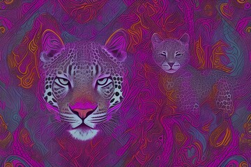 Purple Vintage Leopard Pattern. Purple Pointer Drawn Animal Print. Neon Animal Graffiti - generative ai