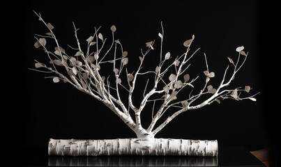  a white tree is sitting on a black table with a black background.  generative ai