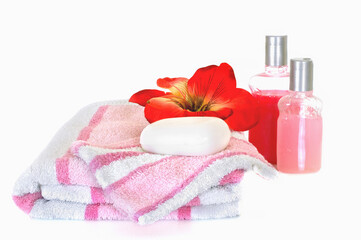 Spa essentials on white background, reflective surface