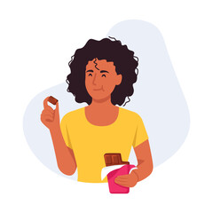 Vector illustration of a pretty girl eating delicious chocolate. Cartoon scene with a curly-haired, smiling girl holding a bar of chocolate and a piece of chocolate isolated on a white background.