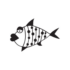 Stylized fishes. Aquarium fish. Ornamental fish. River fish. Sea fish. Children's drawing. Black and white drawing by hand. Line art.