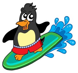 Surfing penguin on white background - vector illustration.