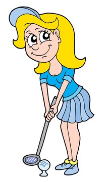 Golf girl in blue dress - vector illustration.