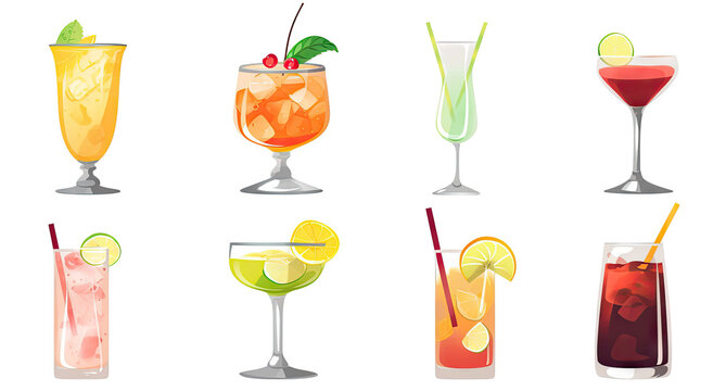 Variety group of fruit juices cocktail with ingredients for refreshing isolated on clear png background, healthy drink, glasses of juicy beverage, with Generative Ai.