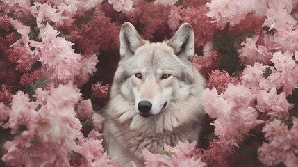 Wolf Surrounded by Beautiful Flowers in a Muted Pastel Aesthetic with Surrealism Elements - Dreamy Background - Generative AI