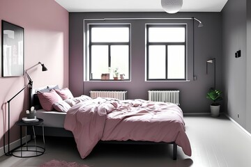 Real photo of the pink space on the bed standing between two metal bedside tables, against the dark gray wall - generative ai