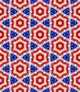 Red white and blue curvy geometric shapes with small stars, seamless pattern digital art . Background for the Fourth of July, Independence Day, Memorial Day, Labor Day holidays.