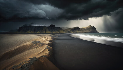 Black sand beach against old mountains under heavy dark clouds AI generated content. Dramatic natural scene volcanic seashore and hills