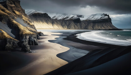 Northern beach with lava sand and snowy cliffs under heavy dark clouds AI generated content. Dramatic landscape with empty coast on stormy day
