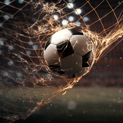 soccer ball breaks through the football goal net, game and sport theme, victory theme. Generative AI
