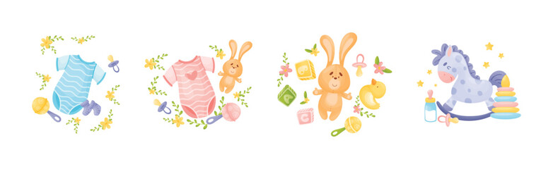 Newborn and Baby Accessories Arranged in Sweet Composition with Floral Elements Vector Set