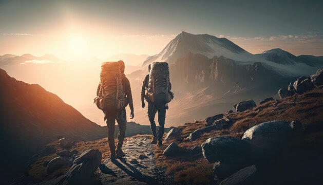 People with large rucksacks walk along rocky valley at sunset AI generated content. Tourists spend vacation in mountain expedition digital image