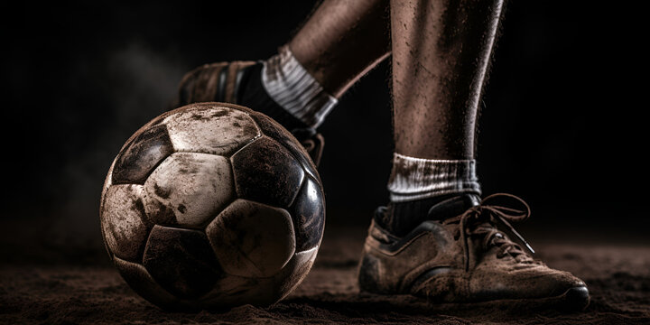 football game, football player kicks the ball, game and sport theme, horizontal photography. Generative AI

