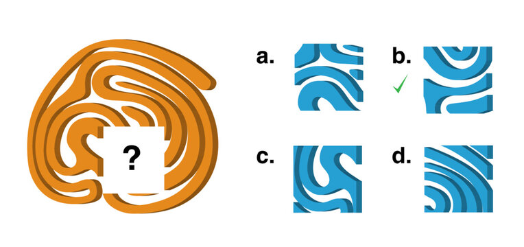 IQ test question with one main graphic from which a part is missing and four given options. The b. option is the correct answer.