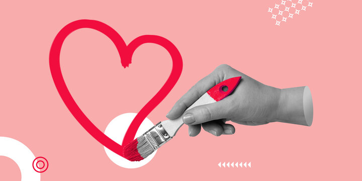 Naklejki Love, Relationships, Wedding, Anniversary of living together. Hand with brush draws symbolic red heart. Minimalist art collage