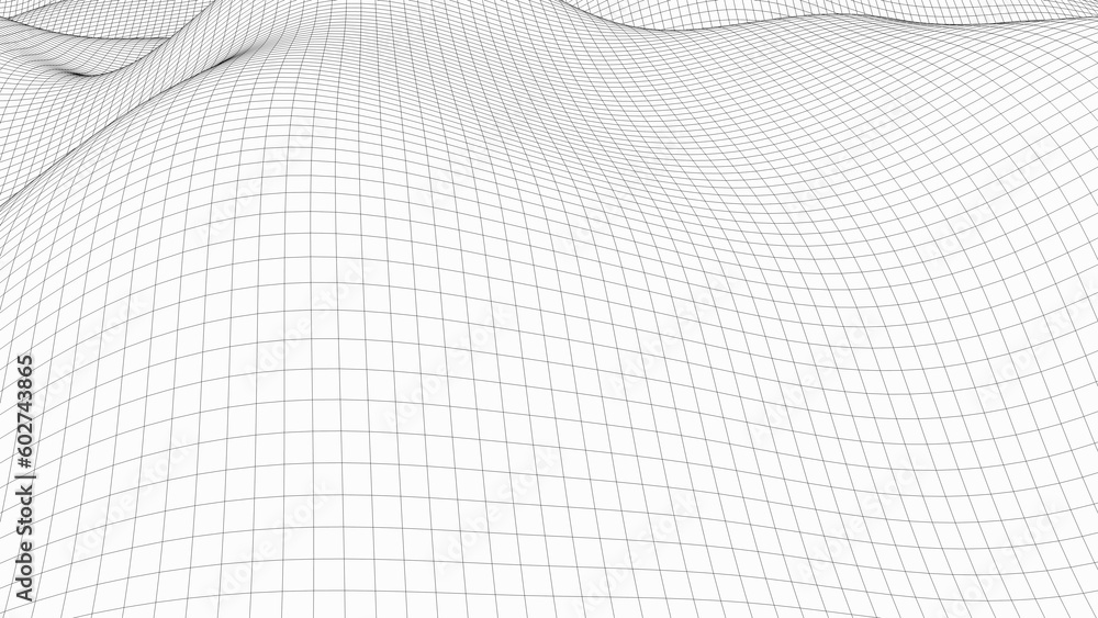 Poster wavy wireframe with black lines, liquid surface imitation, 3d render computer generated backdrop