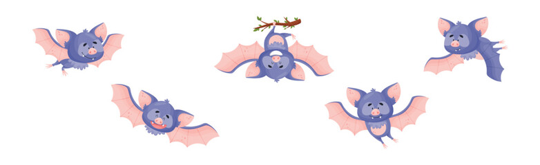 Funny Purple Bat Character Engaged in Different Activity Vector Set