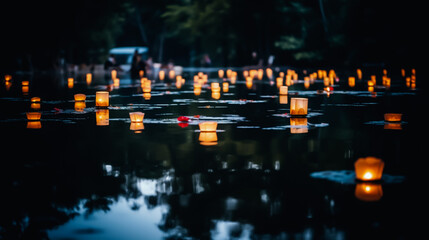 Water lanterns create a magical scene on a lake at night, evoking peace and spirituality. Shallow depth of field, Illustrative Generative AI.