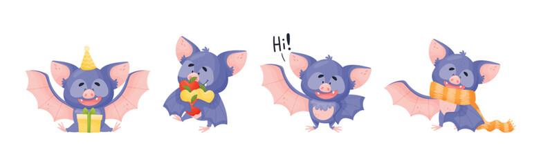 Funny Purple Bat Character Engaged in Different Activity Vector Set