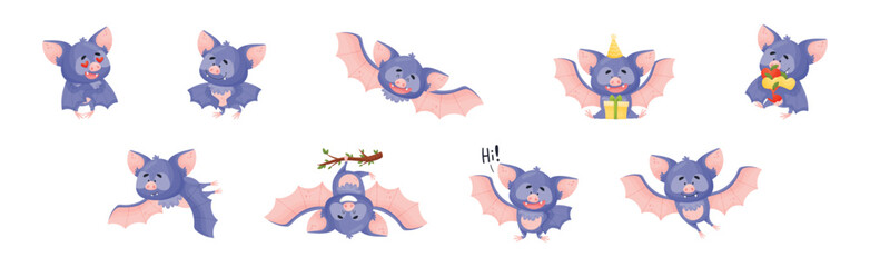 Funny Purple Bat Character Engaged in Different Activity Vector Set