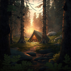 Natural made tent in a beautiful forest setting. Created using ai generative. 