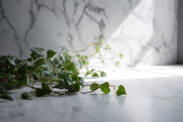 Clean White Marble Floor and Soft Grey Wall with Blurred Ivy Shadow: Sophisticated Environment for Product Placements, Portfolio Displays, and Minimalist Design Concepts generative AI