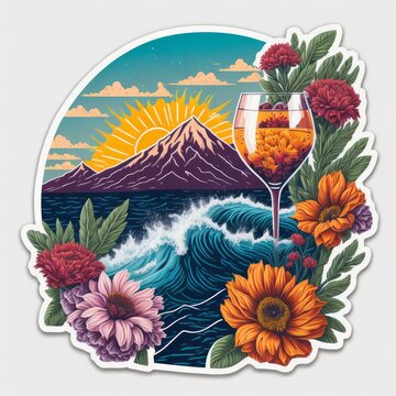 Sticker with tropical island with flowers  and a cocktail