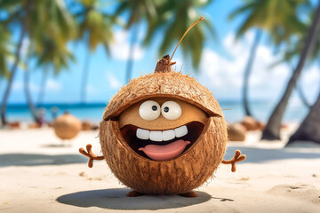 Kokosnuss mit lachemden Gesicht am Strand mit Palmen im Hintergrund KI