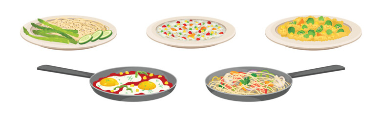 Vegan Dish and Main Course with Vegetables Served on Plate Vector Set