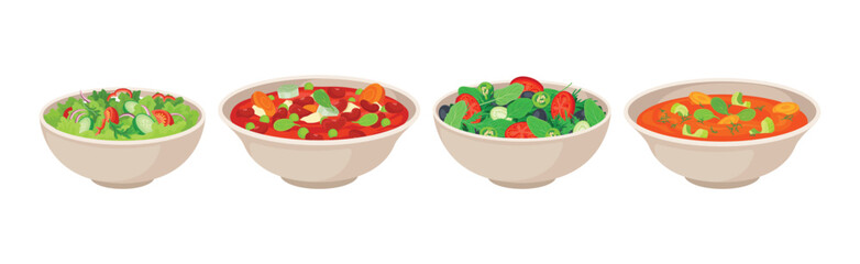 Vegan Dish and Main Course with Vegetables Served in Bowl Vector Set