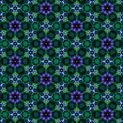 Green blue and purple patterned abstract background with asymmetric overlapping layered geometric and abstract floral elements.